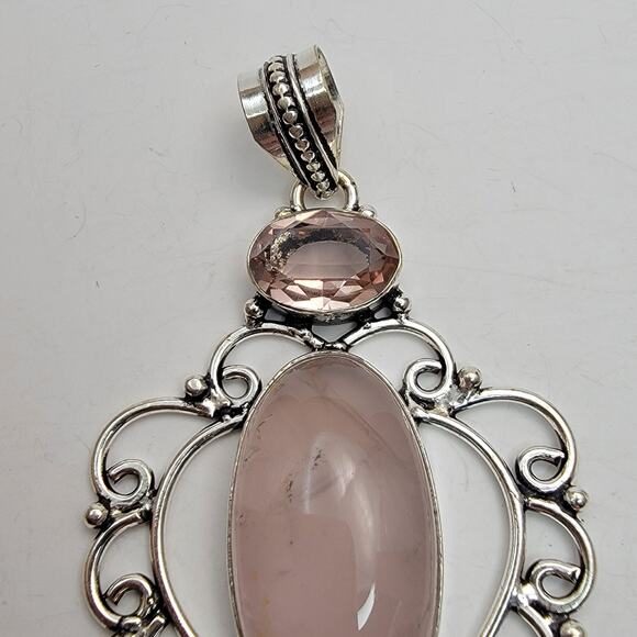 Sterling Silver Rose Quartz and Amethyst Flower Pendant Necklace - 20" Chain - Picture 5 of 8